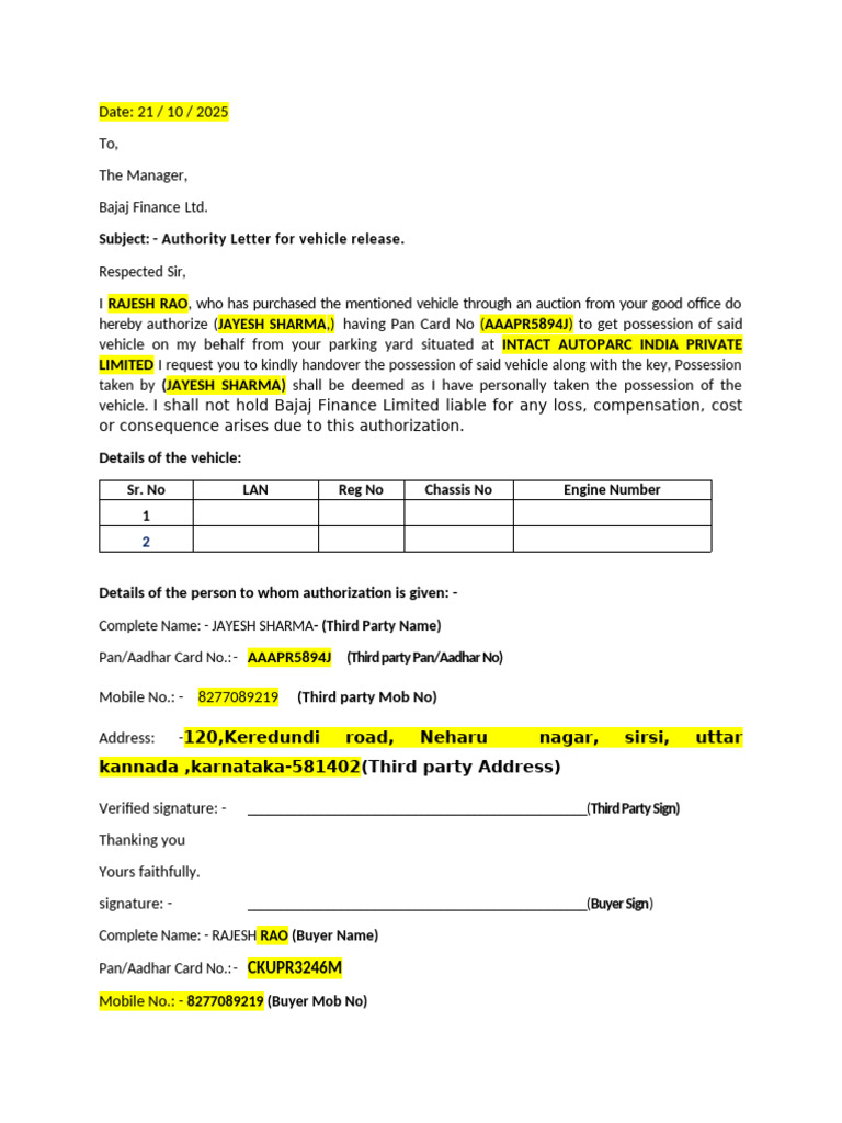 Authority Letter for Vehicle Release | PDF
