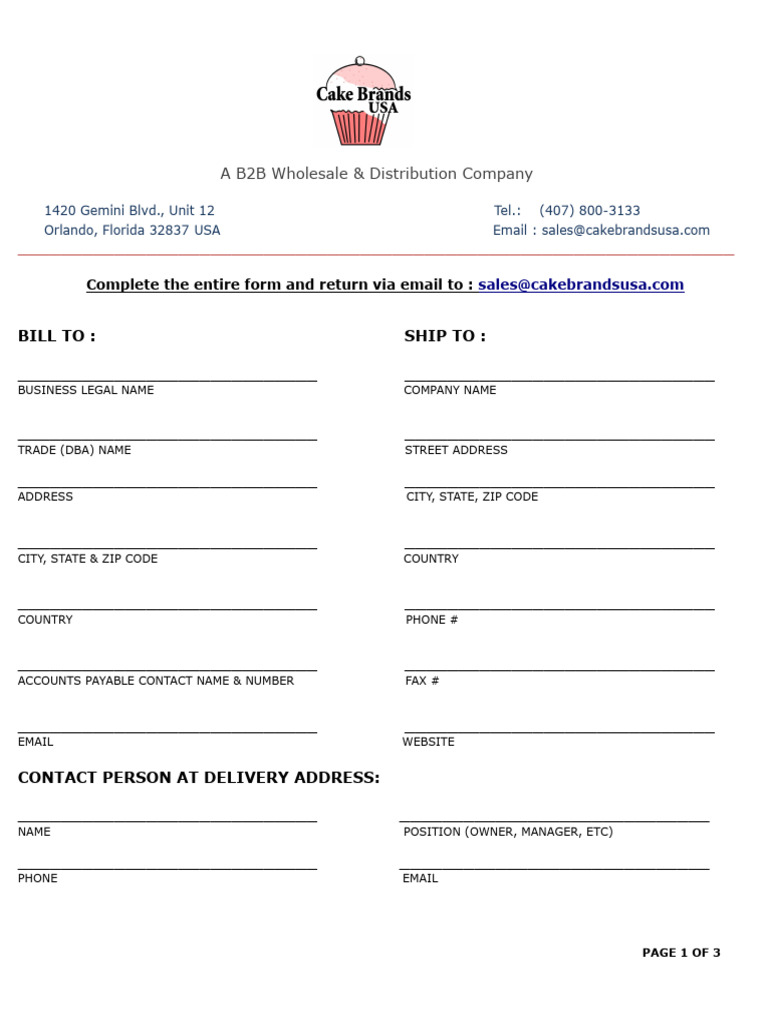 CakeBrandsUSA - New Account Setup Form - Rev 112023 | PDF | Mediation ...