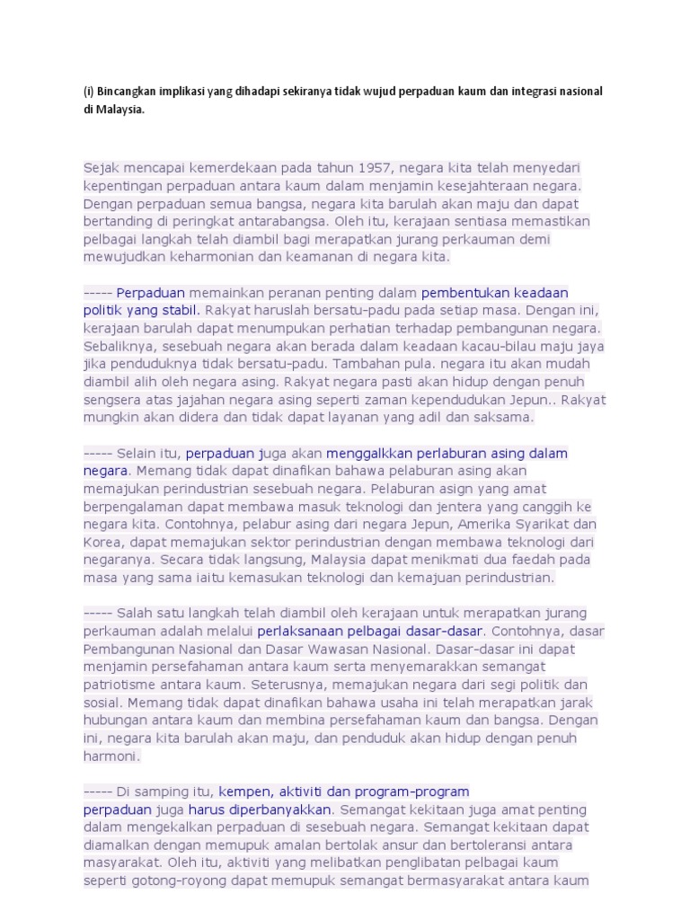 I Bincangkan Implikasi Yang Dihadapi Sekiranya Tidak Wujud Perpaduan Kaum Dan Integrasi Nasional Di Malaysia Pdf