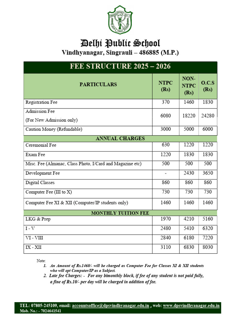 DPS Vindhyanagar Fee Structure 2025-26 | PDF | Payments | Services ...