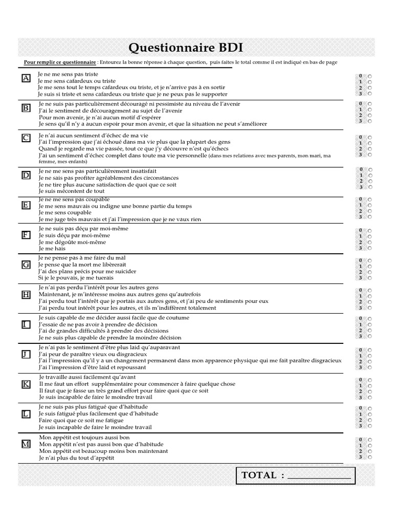 Questionnaire BDI sur la Dépression | PDF