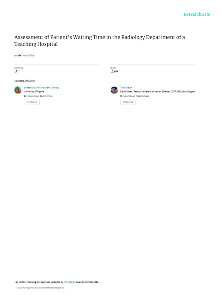 Assessment of Patient's Waiting Time in The Radiology Department of A ...