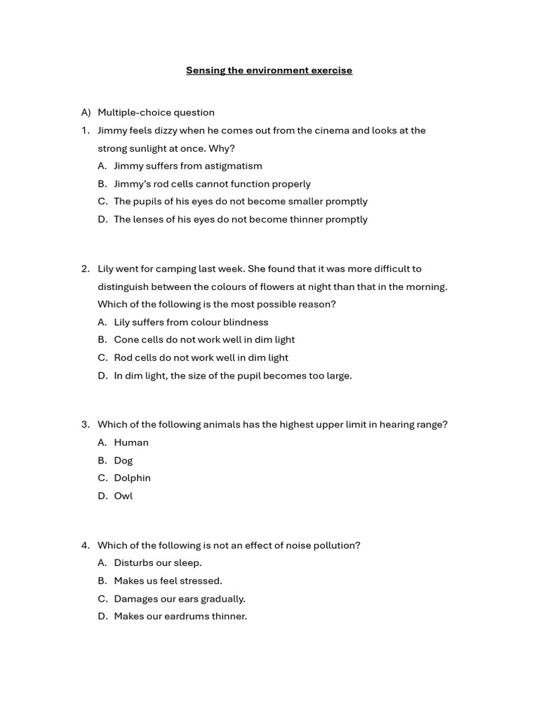 Sensing The Environment Exercise | PDF | Eye | Human Eye