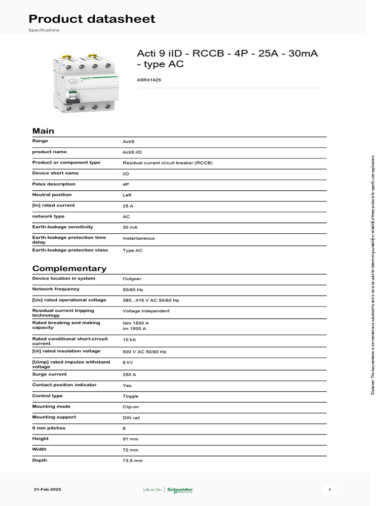 Acti 9 iID RCCB 4P 25A 30mA Specs | PDF | Alternating Current ...