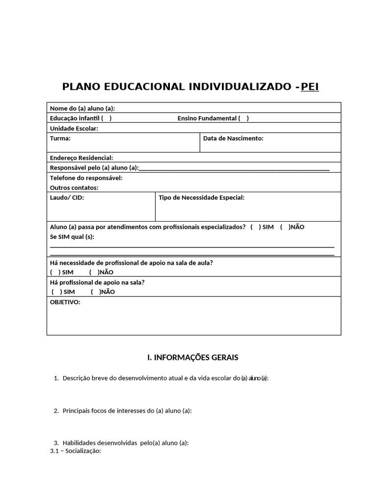 Plano Educacional Individualizado PEI | PDF | Aprendizado | Método ...