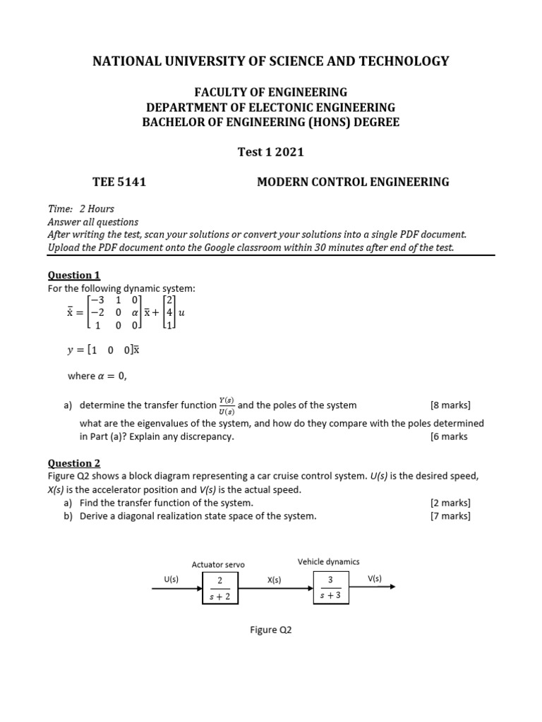 Modern Control Engineering Test 2021 | PDF | Control Theory | Algebra
