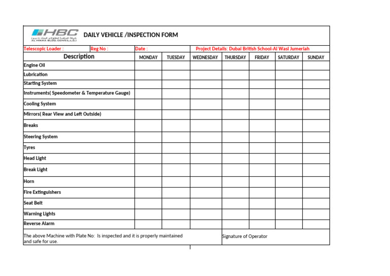 Daily Inspection Form for Boom Loader | PDF