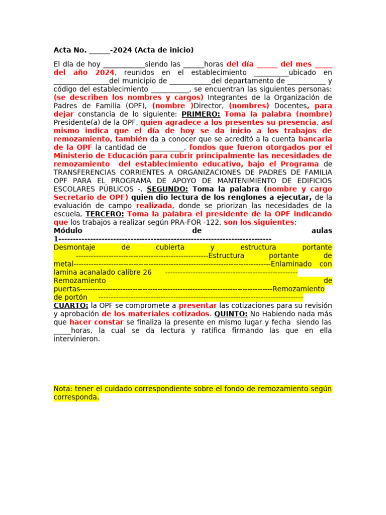 Acta de Inicio de Remozamiento Escolar 2024 | PDF
