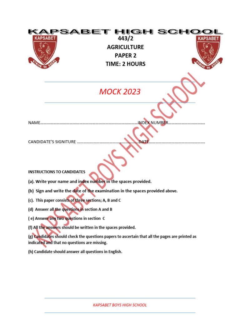 KCSE Agriculture Paper 2 Mock 2023 PDF