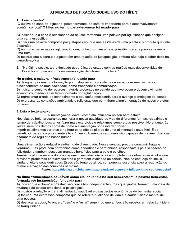 Atividades Sobre Hífen | PDF | Cana de açúcar | Palavra