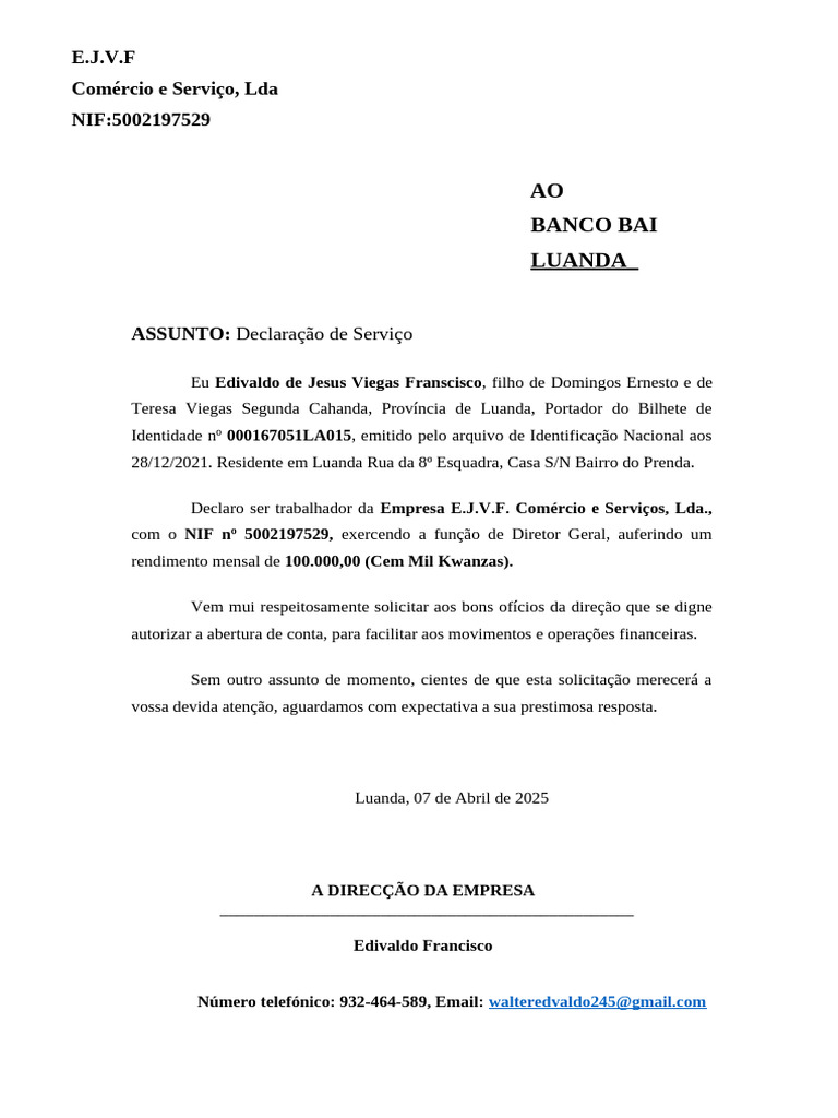 Declaração de Serviço para Abertura de Conta | PDF