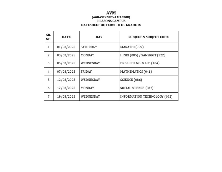 Grade IX Term II Datesheet 2025 | PDF