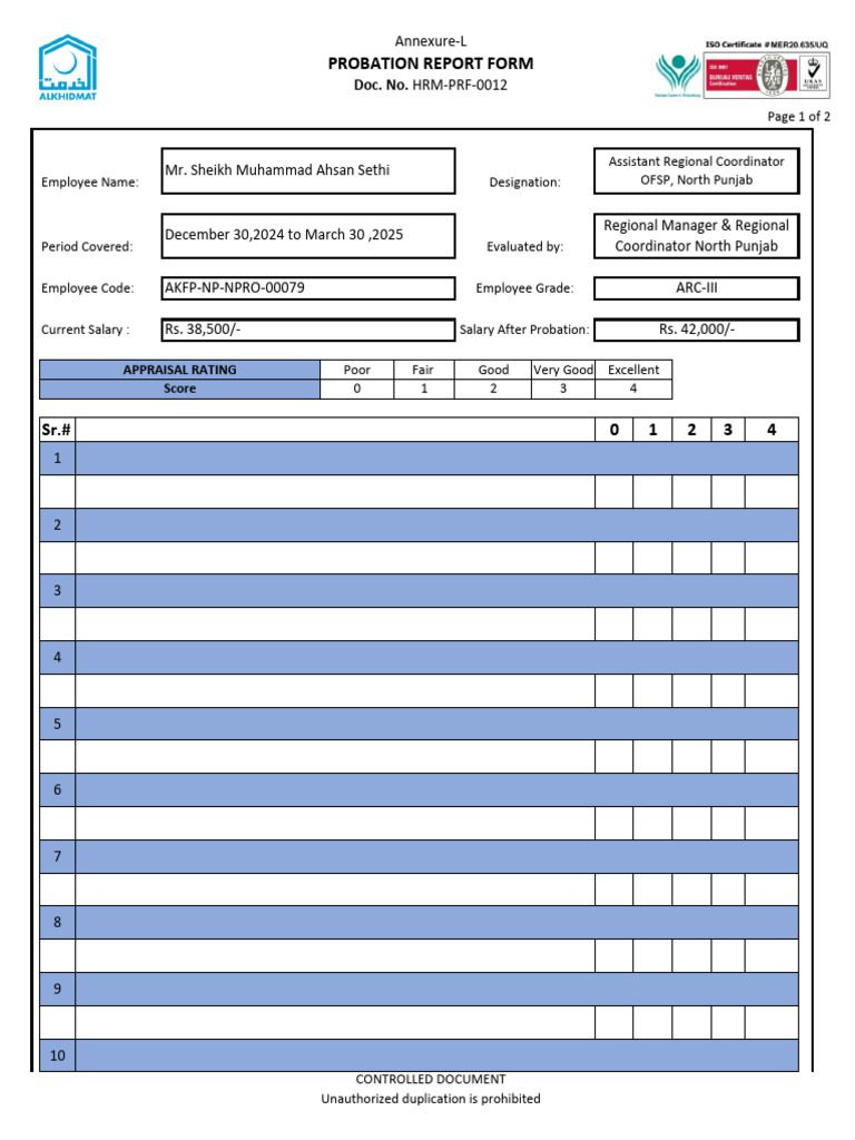 Probation Report Form of Mr. Sheikh Ahsan Sethi | PDF