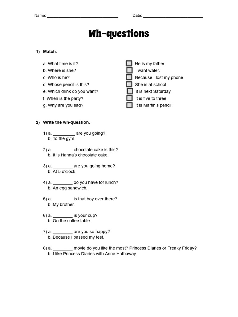 Wh-Questions Practice Worksheet | PDF