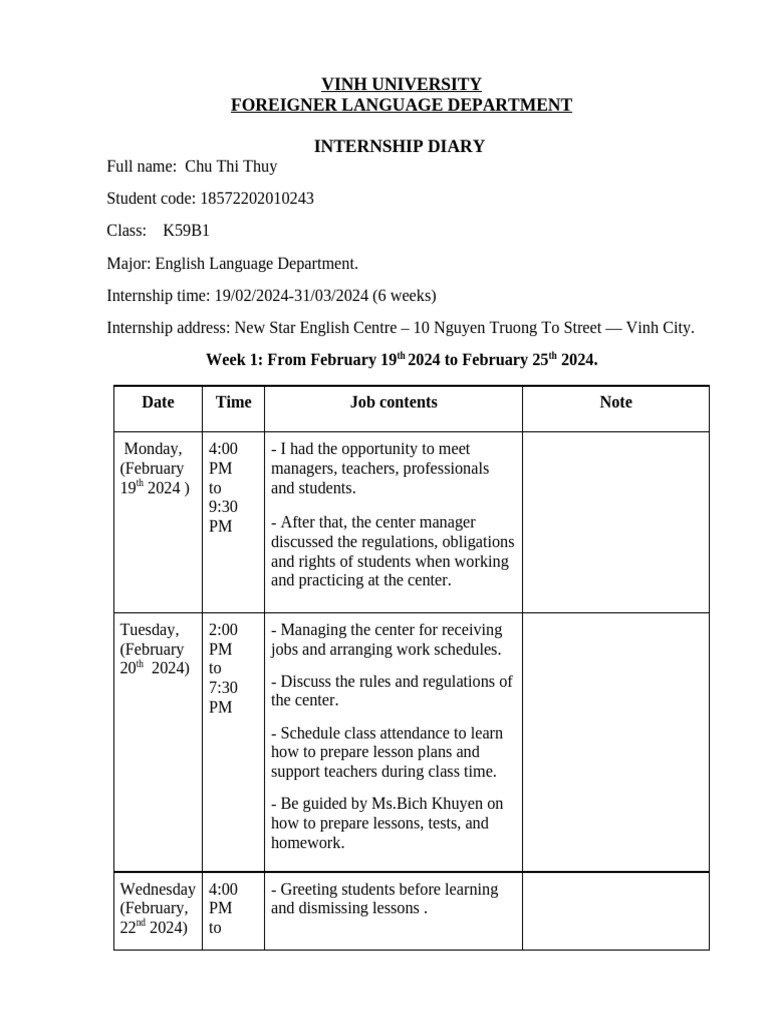 Internship Diary: English Teaching Assistant | PDF | Teachers | Homework