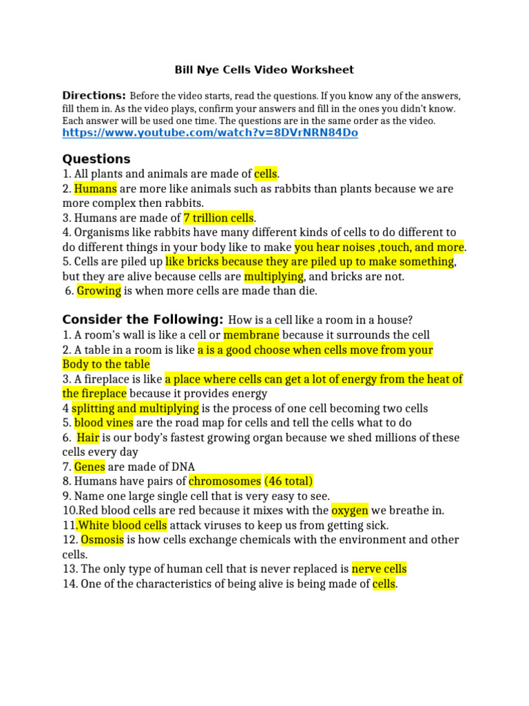 Bill Nye Cells Video Q1 | PDF, image size:768x1024