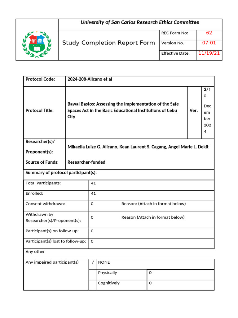 USC REC F-62 - Study Completion Report Form | PDF | Policy | Child ...