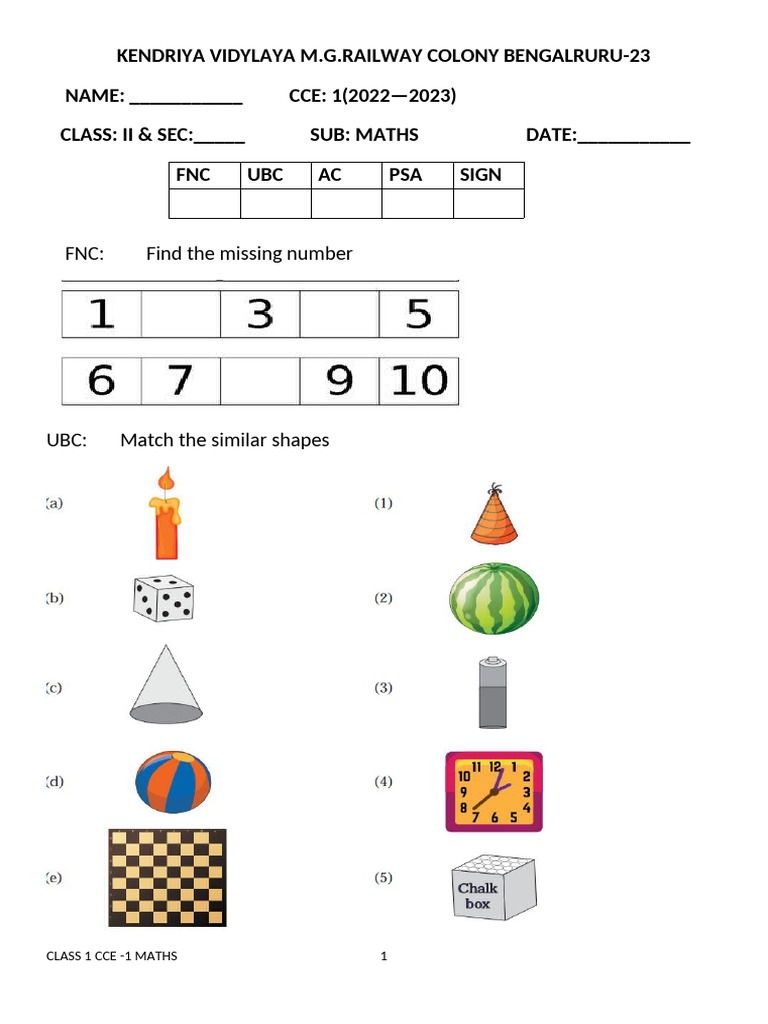 Class 1 CCE-1 Maths Worksheet | PDF