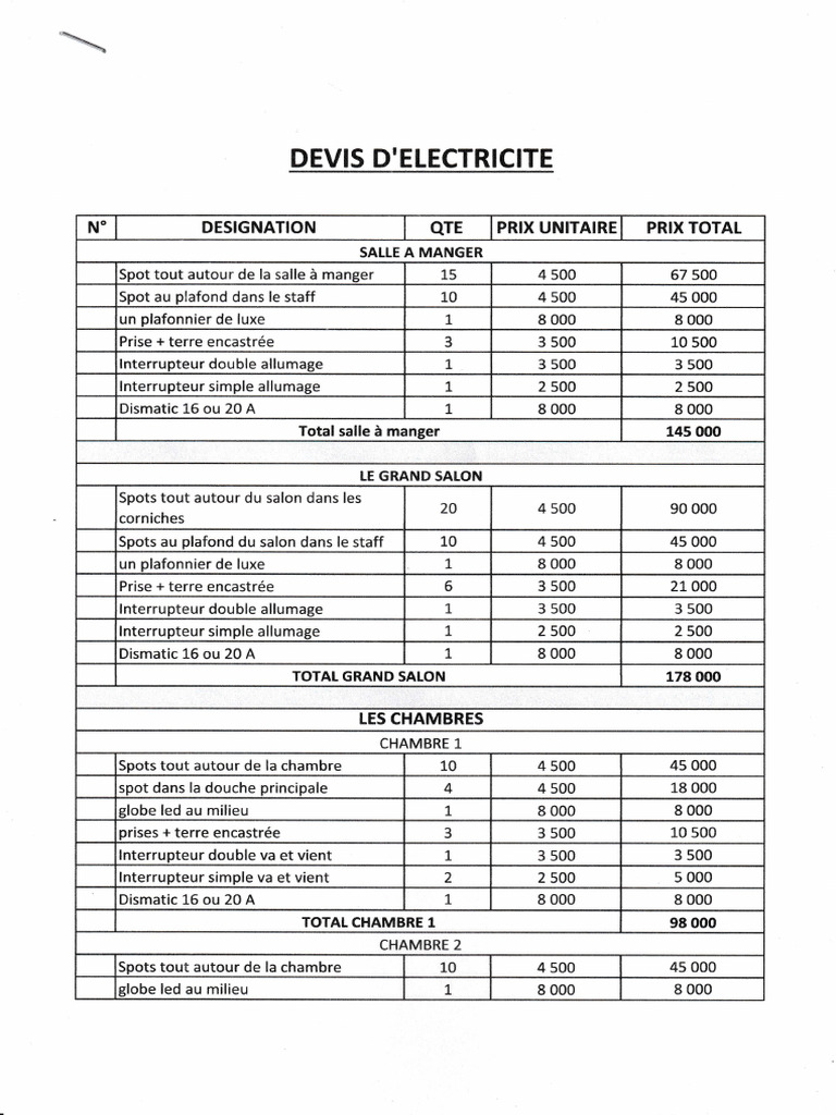 Devis d'électricité pour maison 100m2 | PDF