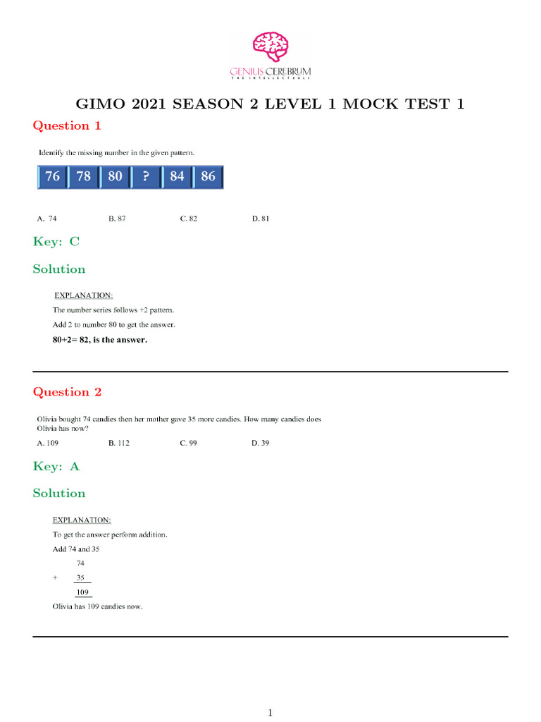 Gimo 2021 Season 2 Level 1 Mock Test 1: Key: C Solution | PDF