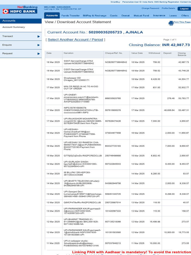 HDFC Account Summary and Transactions | PDF | Banking | Service Industries