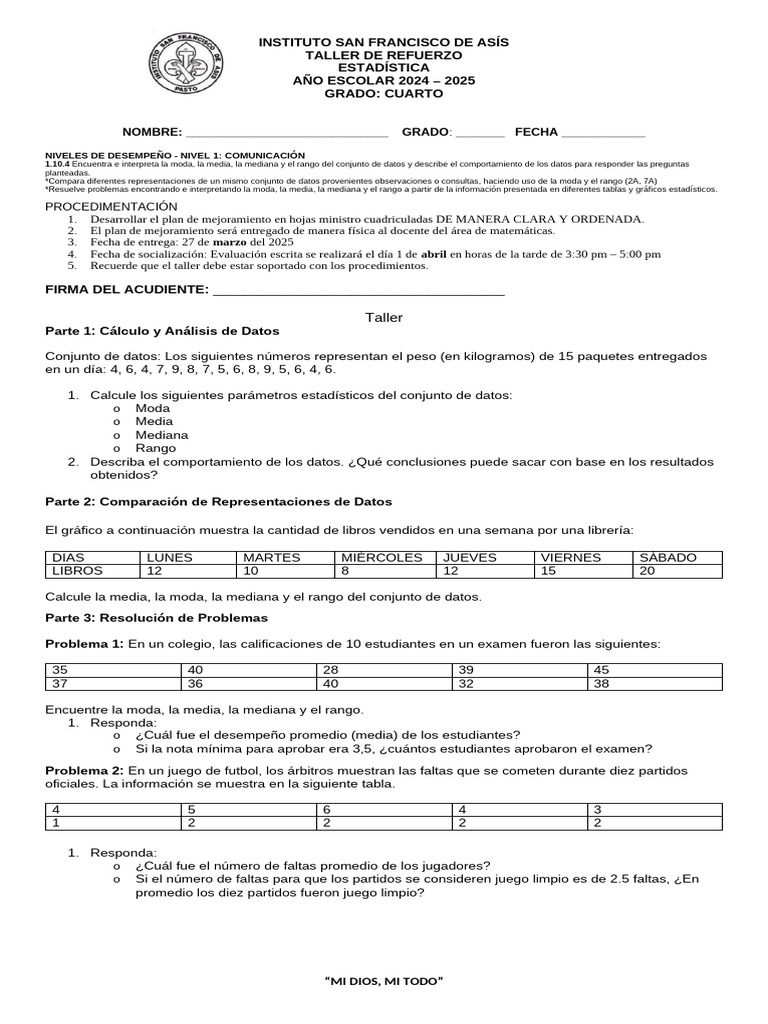Taller de Estadística para Cuarto Grado | PDF | Estadísticas | Mediana