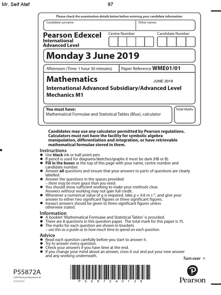 June 2019 M1 Mechanics Exam Paper | PDF | Force | Tension (Physics)