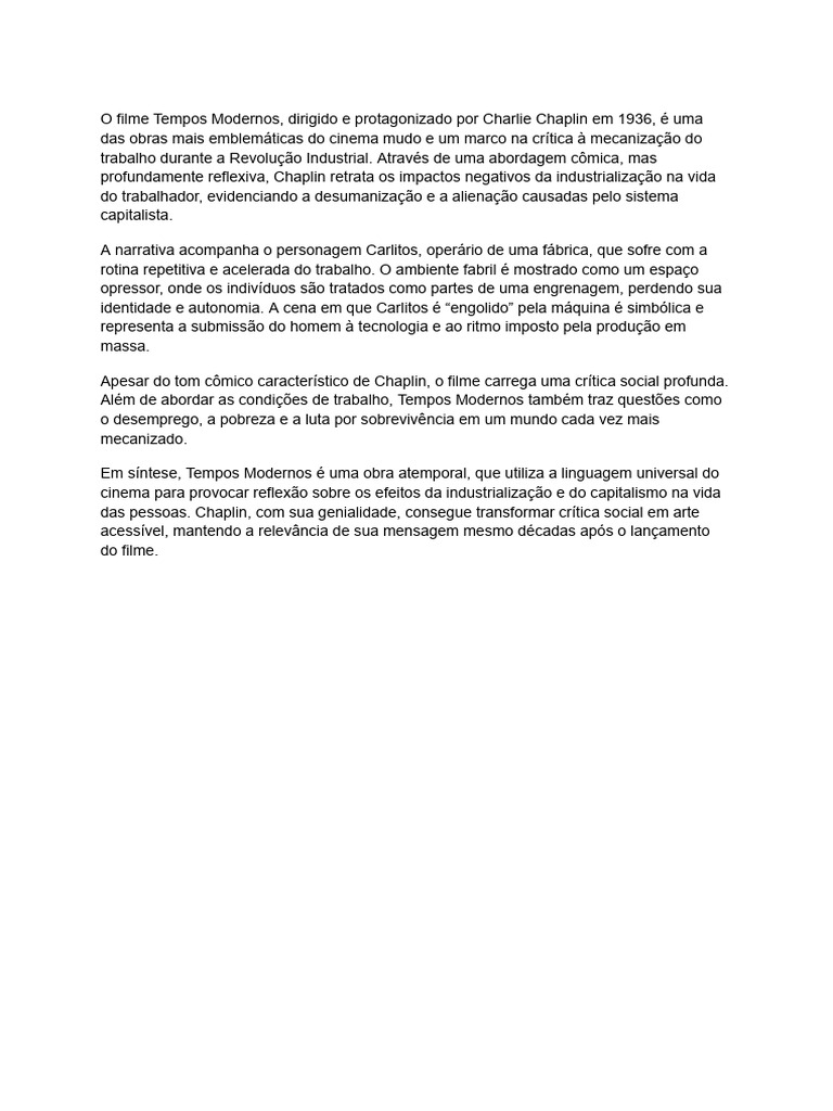 Crítica e Resumo de Tempos Modernos | PDF
