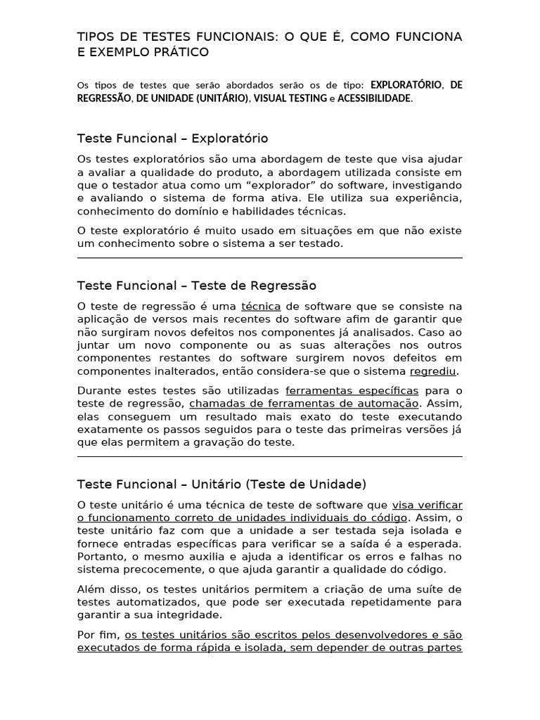 Tipos de Testes Funcionais em Software | PDF | Testes de software ...