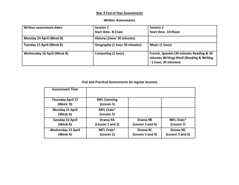 Year 9 End of Year Assessments Timetable 2025 | PDF