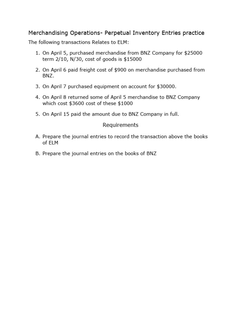 Merchandising Operations Perpetual Inventory Entries (Practice) | PDF