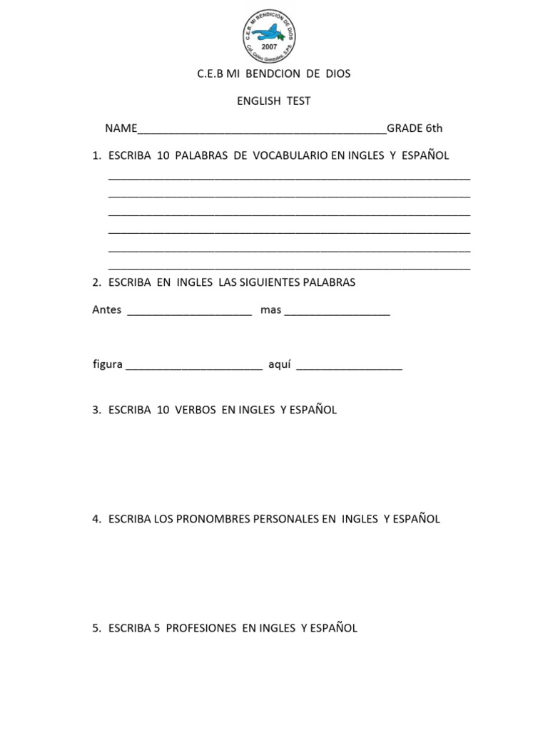 Prueba de Inglés para 6to Grado | PDF