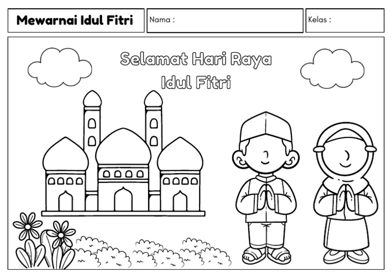 Mewarnai Idul Fitri Lembar Kerja Hitam Putih Ilustrasi Sederhana | PDF