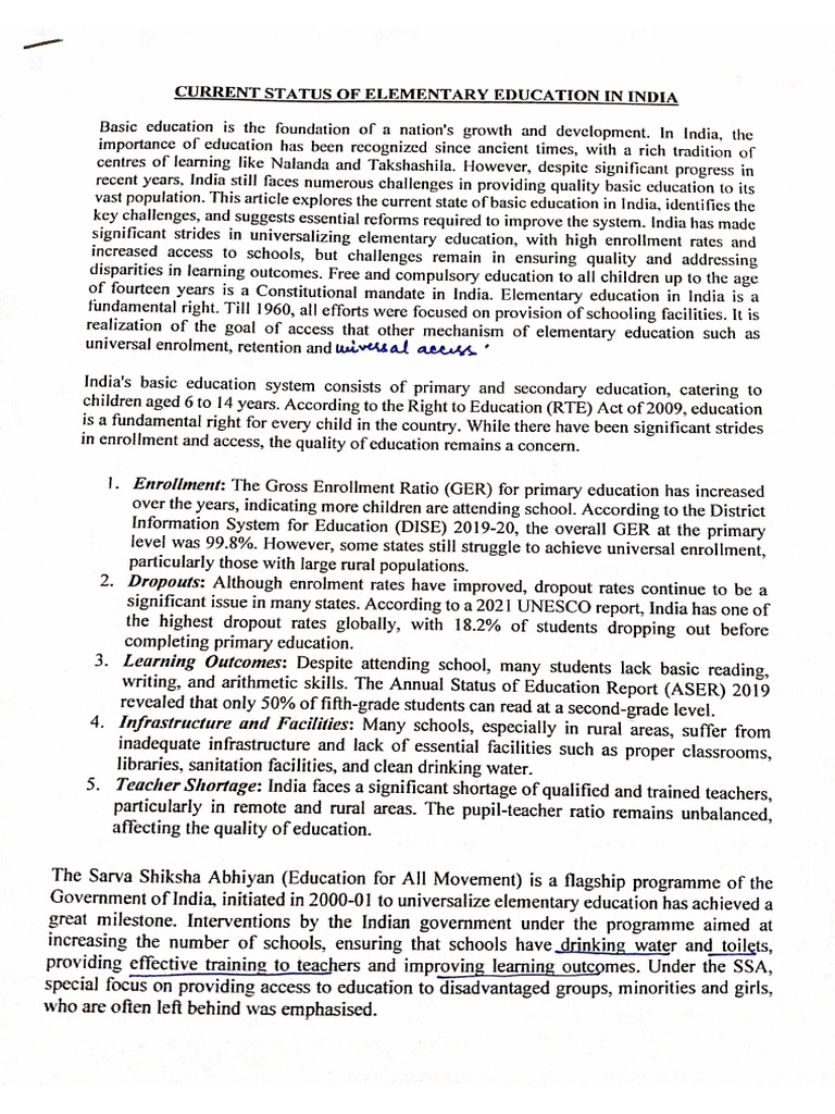 Unit-2. (Current Status of Elementary Education in India) . | PDF