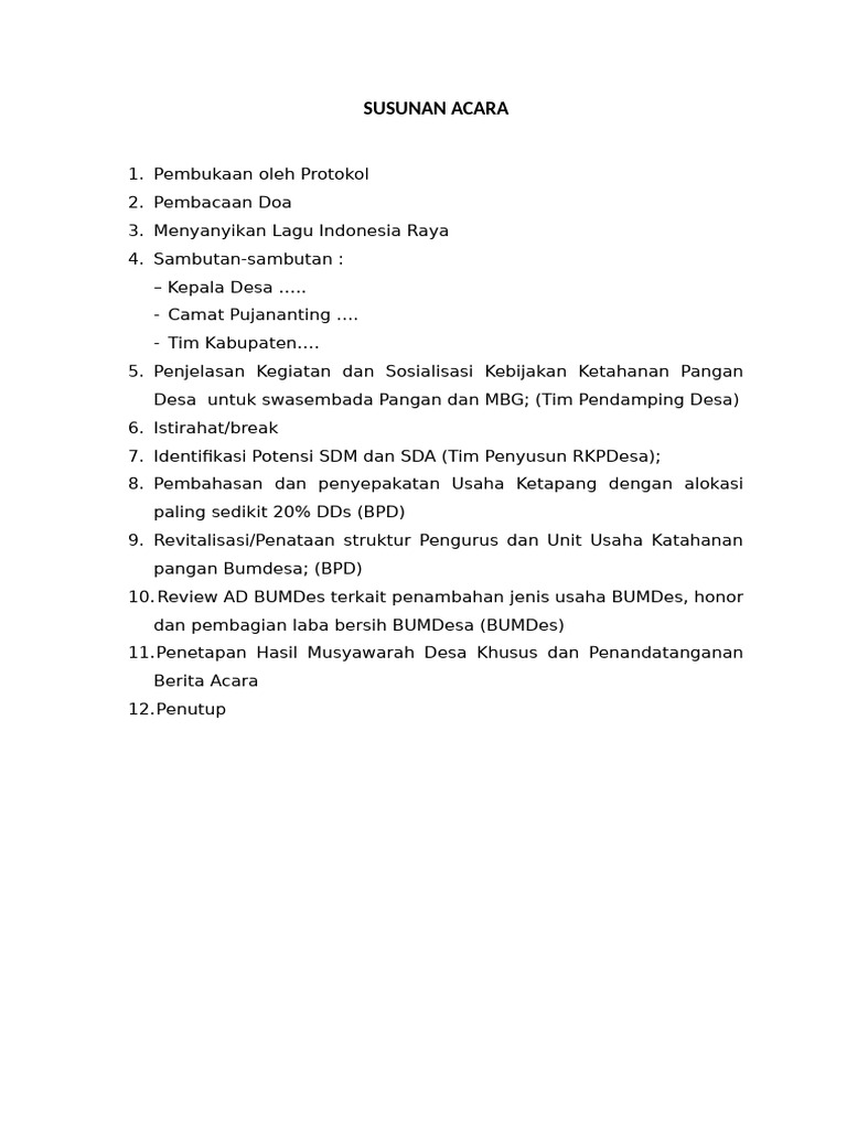Susunan Acara Musdes Ketahanan Pangan | PDF