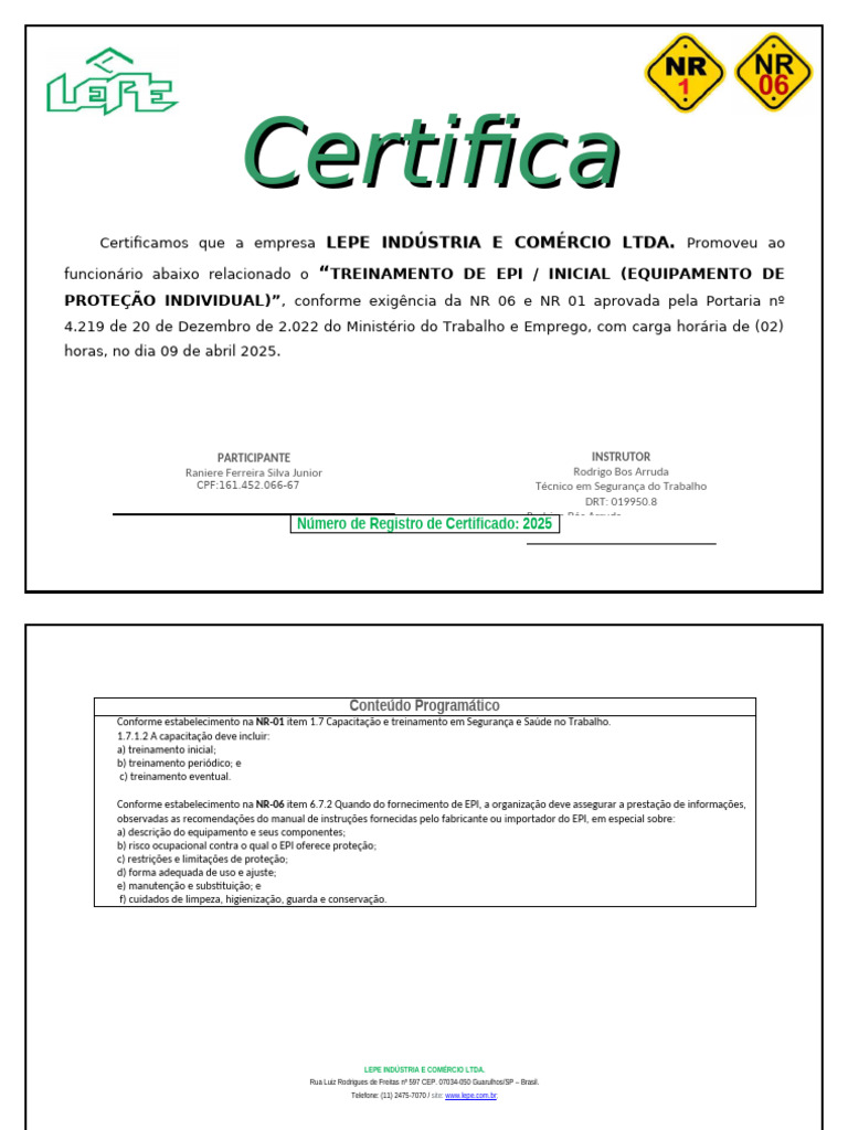 Certificado de Treinamento EPI - LEPE | PDF