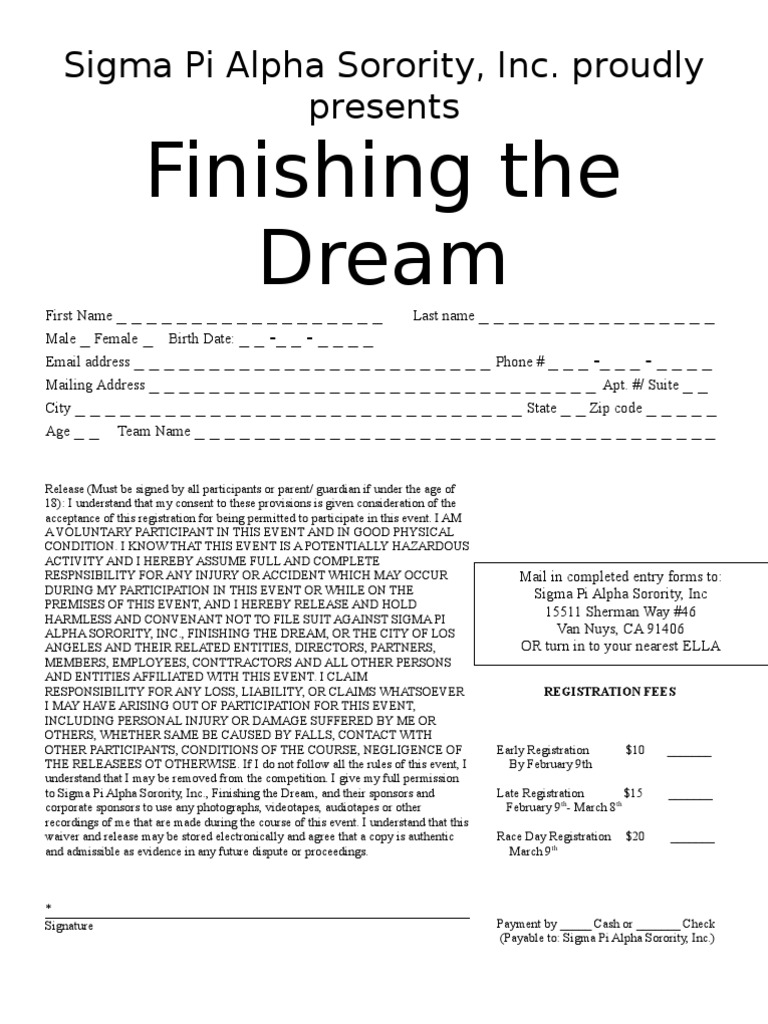 Finishing the Dream Registration Form | PDF | Fraternities And ...