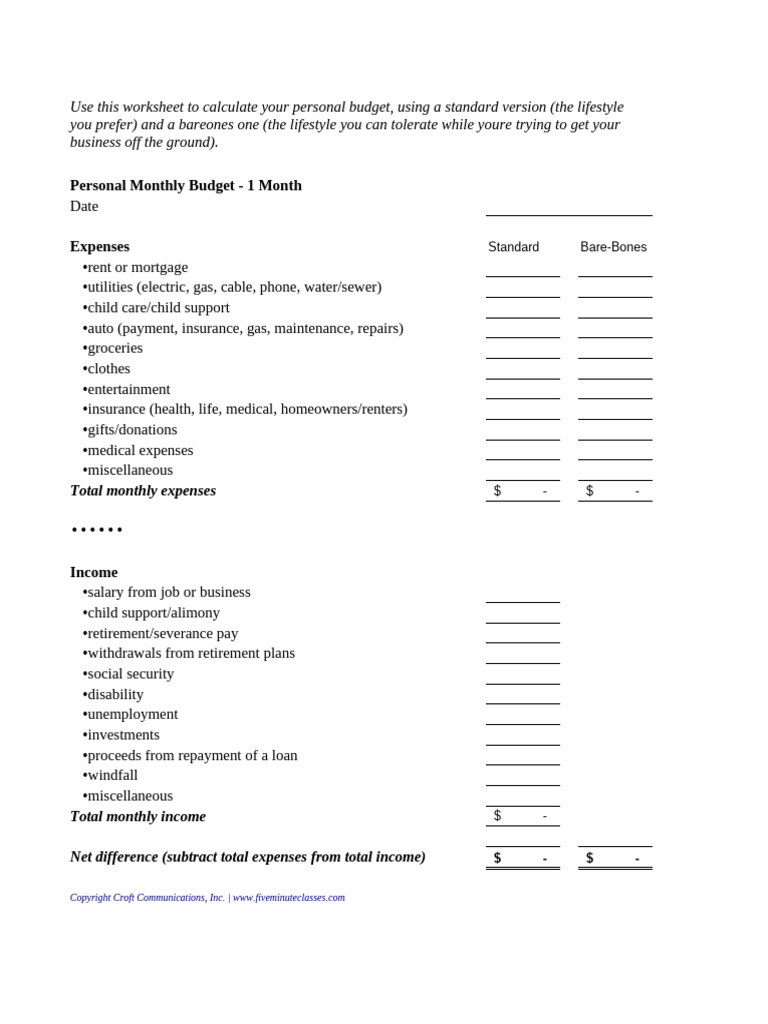 Personal Monthly Budget 1 Month Worksheet Excel | PDF