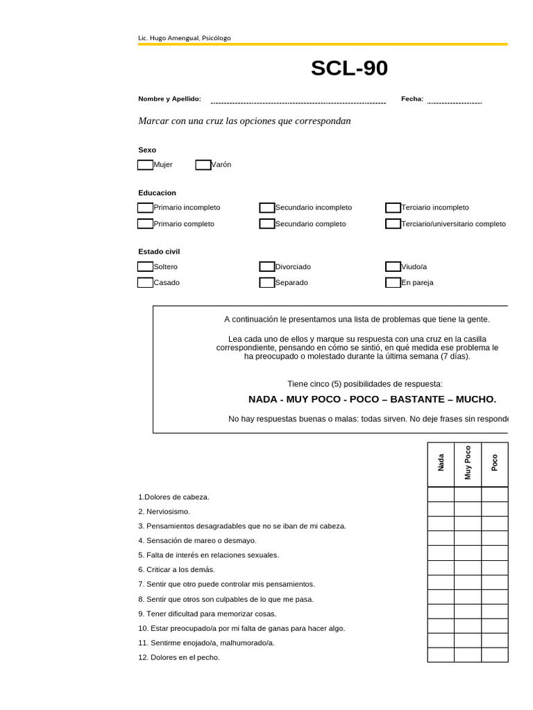 Evaluación SCL-90 por Lic. Hugo Amengual | PDF