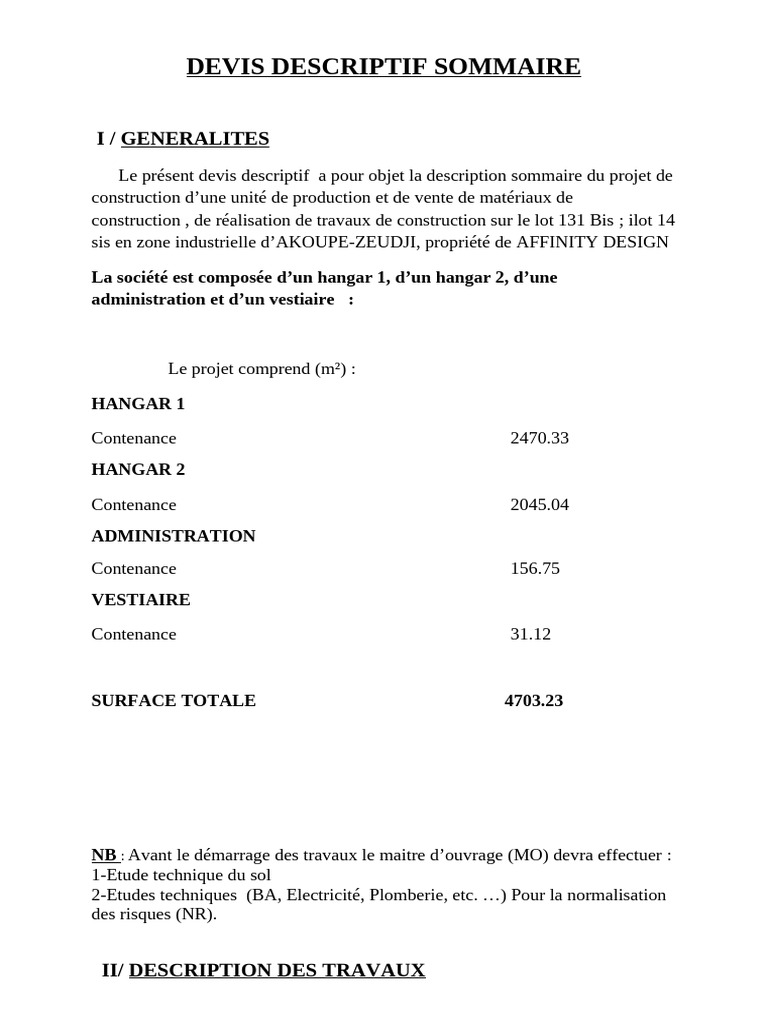 Devis descriptif sommaire de construction | PDF | Génie du bâtiment ...