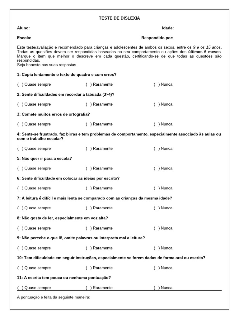 Teste de Dislexia para Jovens | PDF | Dislexia