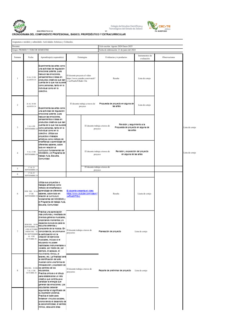 Cronograma Actividades Artísticas 2024 | PDF | Plan de estudios | Enseñando