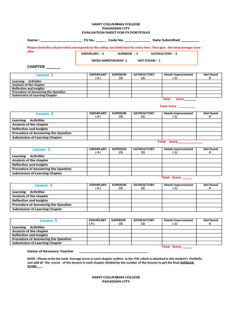 FS Portfolio Evaluation Sheet | PDF | Evaluation | Evaluation Methods