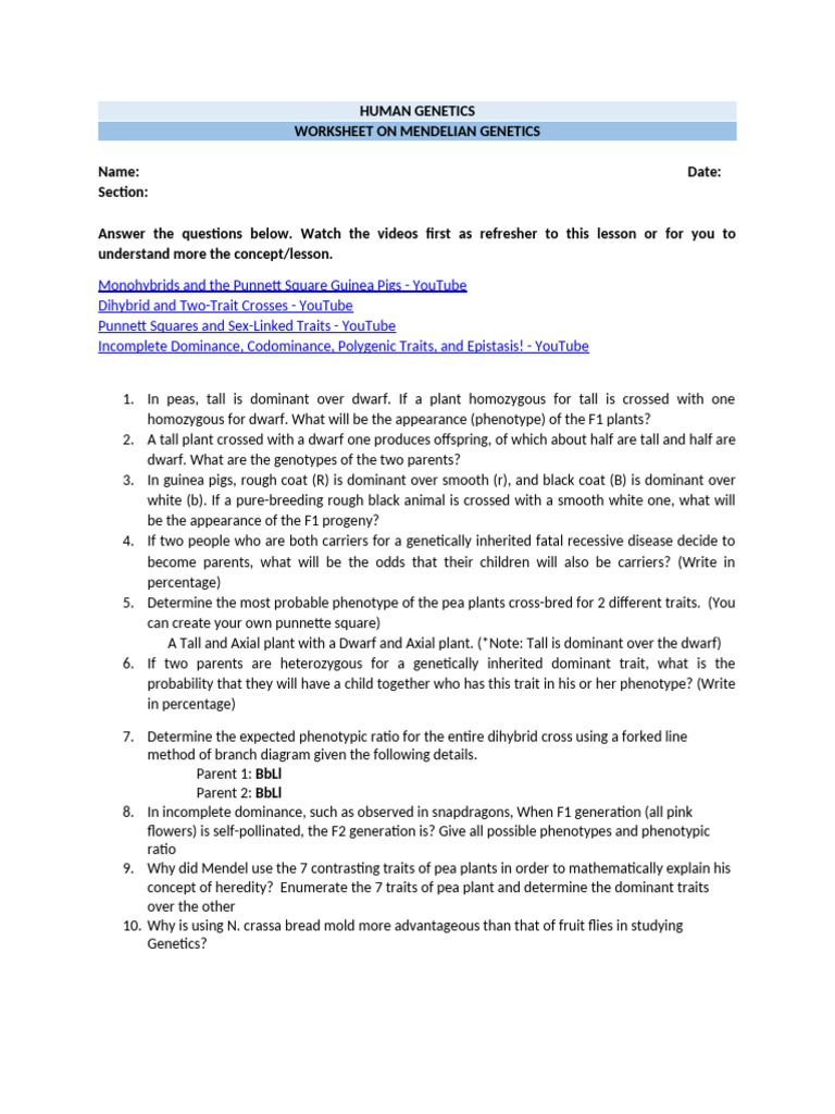 Mendelian Genetics Worksheet Guide | PDF | Dominance (Genetics) | Genetics