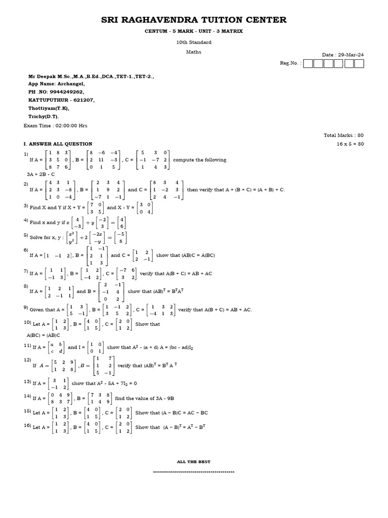 10th Maths Unit 3 Matrix Question Paper | PDF