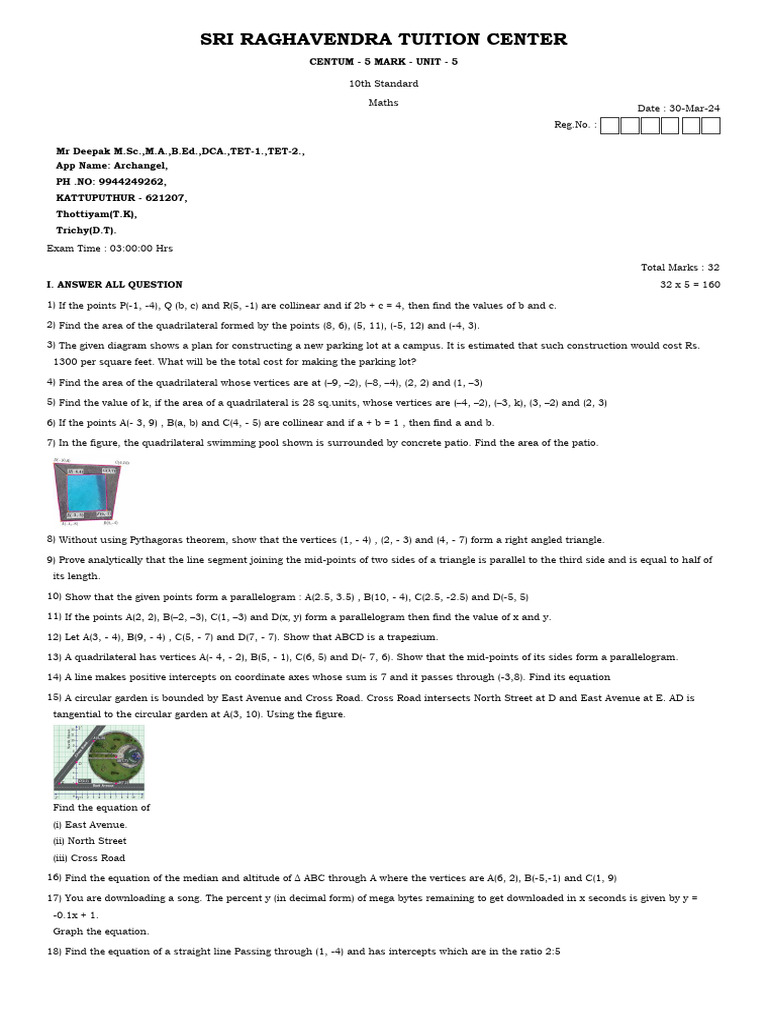 10th Maths Unit 5 Question Paper | PDF | Geometry | Euclidean Geometry