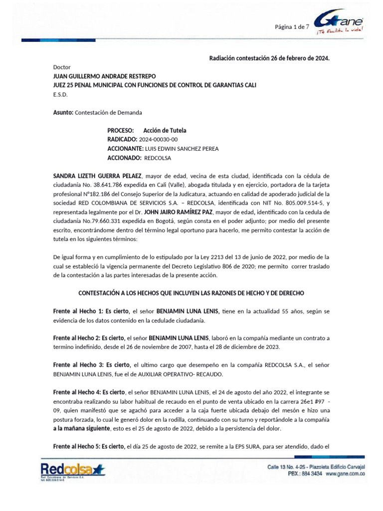 Contestación de Tutela - Benjamin Luna Vs Redcolsa Rad 2024-030 | PDF ...