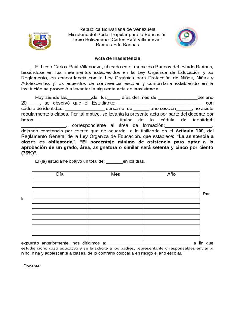 Acta de Inasistencia Escolar en Venezuela | PDF