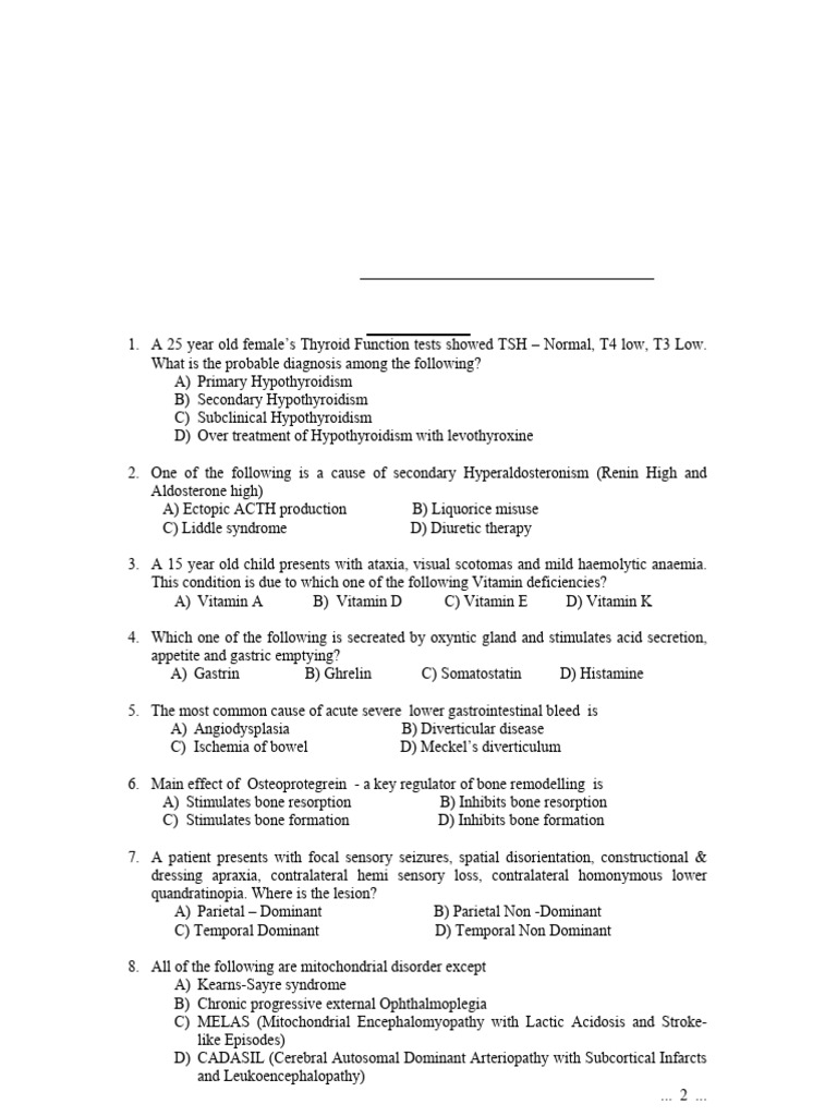 MBBS General Medicine Exam Questions | PDF | Hypothyroidism | Clinical ...