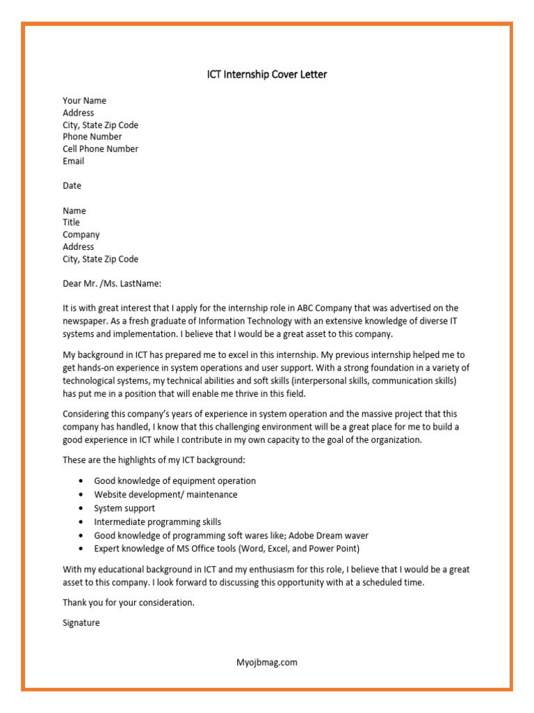 ICT Internship Cover Letter Template | PDF